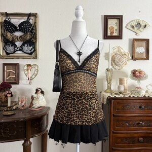 y2k rockstar gf girly grunge sheer mesh cheetah print cami w lace trim